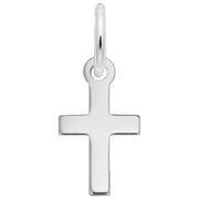 The Plain Cross Accent Charm in Sterling Silver by Rembrandt Charms features a minimalist design with a smooth, polished surface, elegantly hanging from a simple circular loop at the top. Its clean lines reflect understated elegance, making it a timeless piece suitable for any occasion.