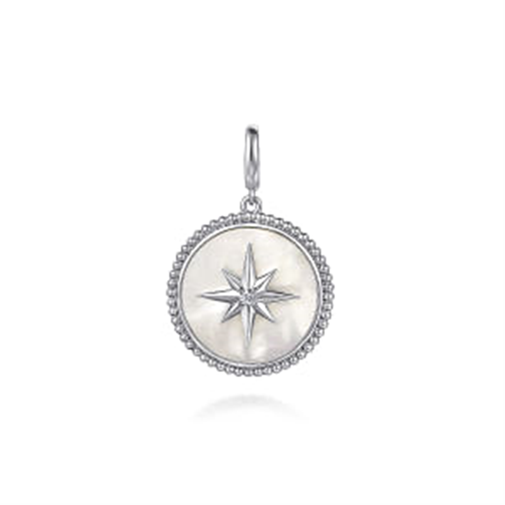 The Gabriel & Co 925 Sterling Silver Bujukan White Sapphire and Mother Of Pearl Round pendant features a central compass rose design with eight-pointed star details. The round silver pendant is fashioned from 925 Sterling Silver, adorned with small beaded accents around the edge and includes a small hoop at the top for easy attachment to a chain. The background is white.