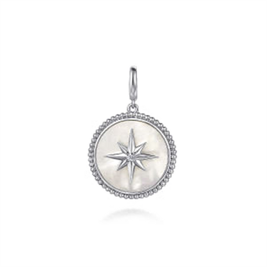 The Gabriel & Co 925 Sterling Silver Bujukan White Sapphire and Mother Of Pearl Round pendant features a central compass rose design with eight-pointed star details. The round silver pendant is fashioned from 925 Sterling Silver, adorned with small beaded accents around the edge and includes a small hoop at the top for easy attachment to a chain. The background is white.