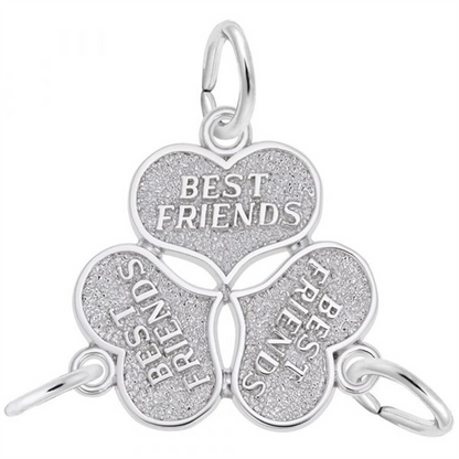 The Rembrandt Charms Three Best Friends Charm in sterling silver features three interlocking heart charms, each engraved with "BEST FRIENDS." Designed to break apart and be shared among three people, this necklace set is a perfect symbol of your unbreakable friendship.