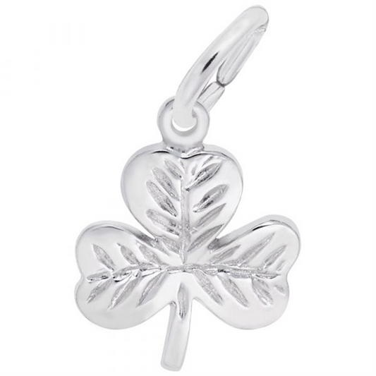 The Rembrandt Charms Shamrock sterling silver charm, shaped like a three-leaf clover with detailed veins, features a loop for easy attachment to bracelets or necklaces.
