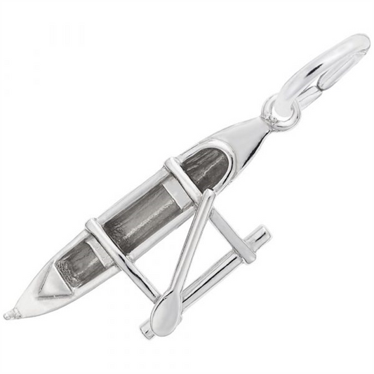 The Outrigger Canoe charm by Rembrandt Charms is crafted from Sterling Silver, highlighting a polished finish with intricate details. This elegant piece includes a loop for easy attachment to bracelets or necklaces.