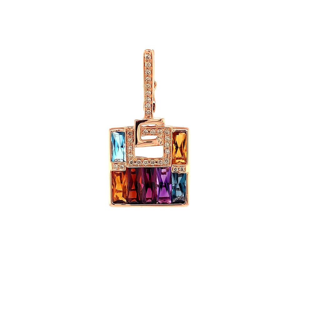 Introducing the Bellarri 14K rose gold square pendant (G1327PG14/M), featuring an intricate geometric design adorned with 5.25ct of vibrant multi-colored gemstones, including stunning shades of blue, orange, purple, and red. This exquisite piece is further enhanced by 0.20ct of small diamonds, adding a touch of elegance to its overall allure.