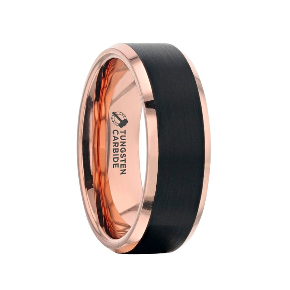 The Thorsten HAYDEN Rose Gold Plated Tungsten Ring with a black brushed center and rose gold edges, in a 6mm width and size 10, features an inner band that gleams in rose gold with "Tungsten Carbide" and the brand's logo engraved on it.
