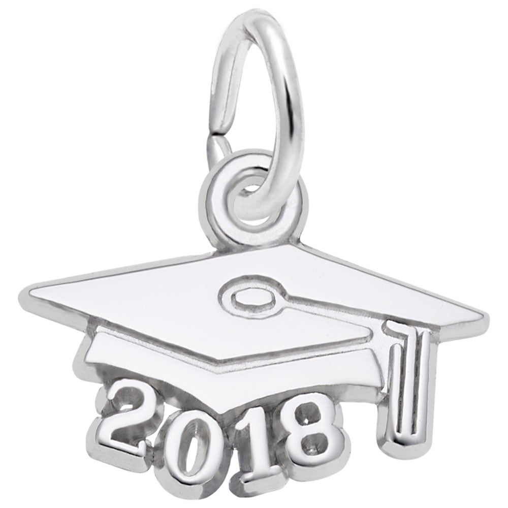 The Rembrandt Charms 2018 grad cap is a silver charm in the shape of a graduation cap with a tassel and "2018" engraved below—an ideal keepsake for the class of 2018.