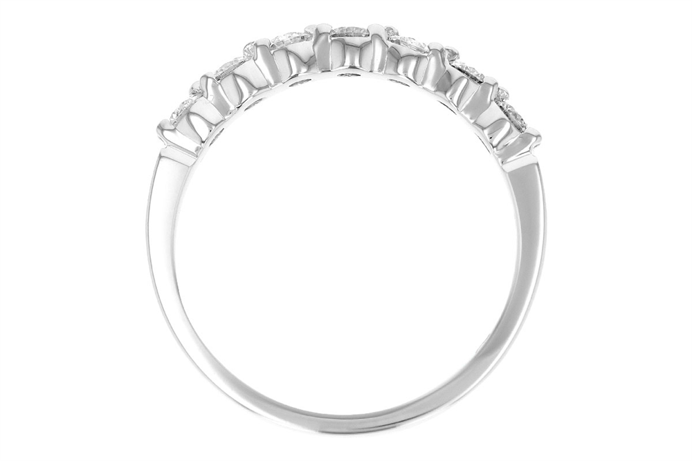 The Allison Kaufman Ladies Diamond Wedding Ring features a row of seven small, rectangular gemstones set along the top half of a silver band. Boasting a total of 0.50 carat, this ring has a simple, elegant design with a smooth, curved surface—perfect for any bride.