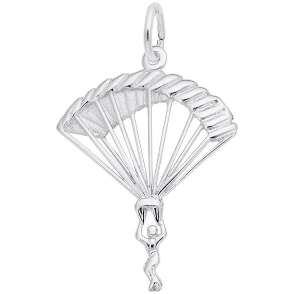 The Rembrandt Charms Parachutist Charm, crafted in sterling silver, features a parachutist hanging from a detailed parachute. The intricate design showcases the parachute fully unfolded with lines extending down to the figure. This charm includes a clasp at the top for easy attachment to a bracelet or necklace.
