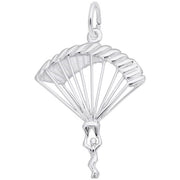 The Rembrandt Charms Parachutist Charm, crafted in sterling silver, features a parachutist hanging from a detailed parachute. The intricate design showcases the parachute fully unfolded with lines extending down to the figure. This charm includes a clasp at the top for easy attachment to a bracelet or necklace.