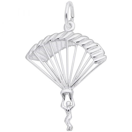 The Rembrandt Charms Parachutist Charm, crafted in sterling silver, features a parachutist hanging from a detailed parachute. The intricate design showcases the parachute fully unfolded with lines extending down to the figure. This charm includes a clasp at the top for easy attachment to a bracelet or necklace.