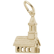 The church charm from Rembrandt Charms is crafted from gold-plated sterling silver, showcasing a detailed roof design, arched windows, and a tall steeple. It includes a loop at the top for easy attachment to a chain or bracelet.