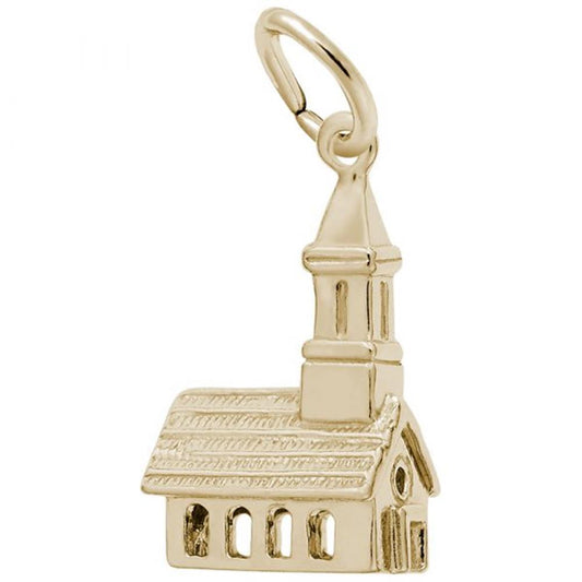 The church charm from Rembrandt Charms is crafted from gold-plated sterling silver, showcasing a detailed roof design, arched windows, and a tall steeple. It includes a loop at the top for easy attachment to a chain or bracelet.