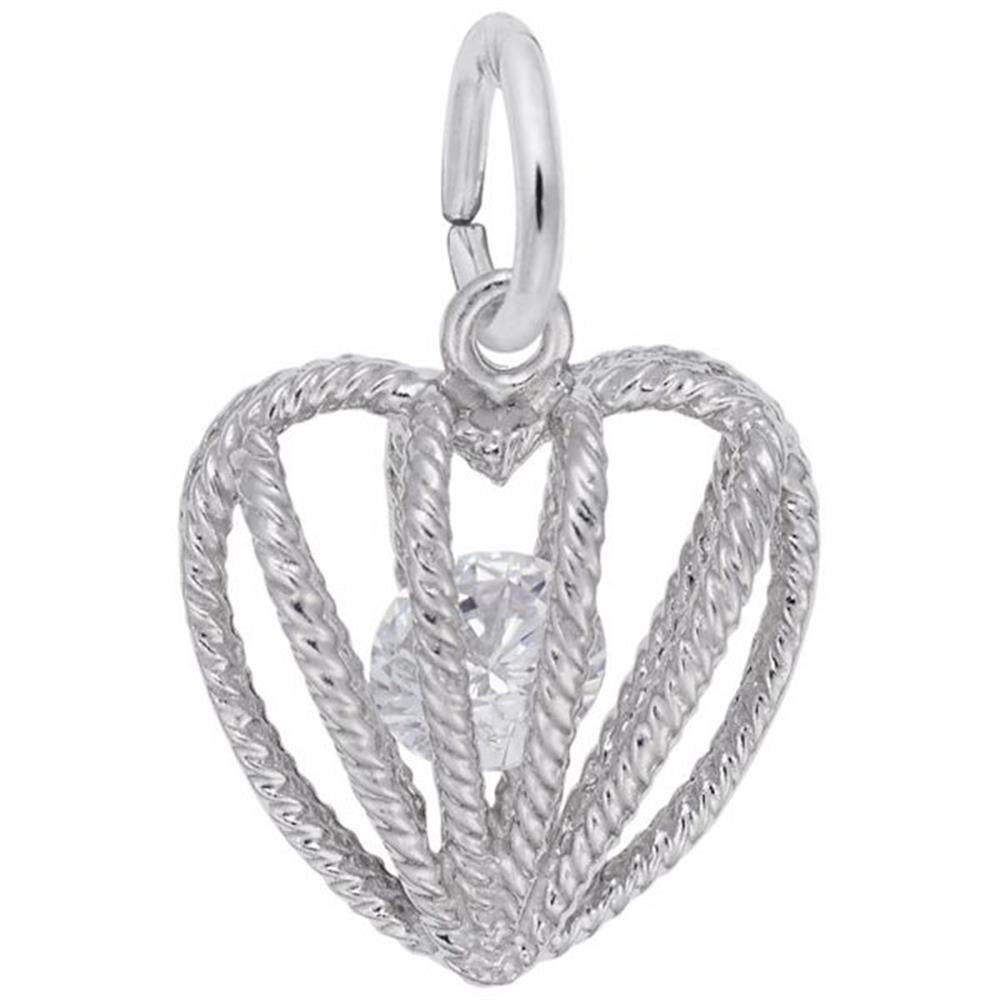 The Embraced with Love April Stone Charm in sterling silver by Rembrandt Charms is a heart-shaped pendant with a rope-like design, featuring a transparent round crystal stone encased in the center. The birthstone charm has a loop at the top for attaching to a chain, adding a touch of elegance to any necklace.
