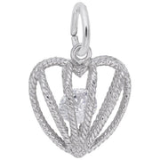 The Embraced with Love April Stone Charm in sterling silver by Rembrandt Charms is a heart-shaped pendant with a rope-like design, featuring a transparent round crystal stone encased in the center. The birthstone charm has a loop at the top for attaching to a chain, adding a touch of elegance to any necklace.