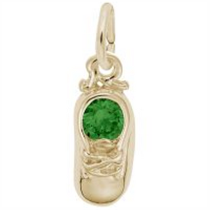 Celebrate a special arrival with the Rembrandt Charms May Baby Shoe Charm- Gold Plated, featuring a vibrant green gemstone at its center and a small loop for easy hanging—this meaningful birthstone keepsake is the perfect way to commemorate a May birthday.