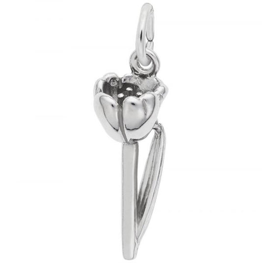 A Rembrandt Charms sterling silver charm shaped like a crocus flower, featuring an intricately detailed blossom and a stem with a loop at the top for attaching to a chain.