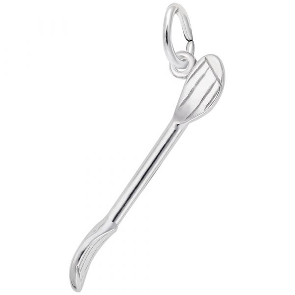A sterling silver charm by Rembrandt Charms, the Kayak Paddle Charm features a detailed engraving of a kayak paddle and handle, attached to a small round loop for threading onto a chain or bracelet.