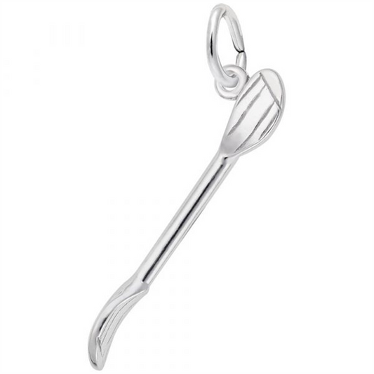 A sterling silver charm by Rembrandt Charms, the Kayak Paddle Charm features a detailed engraving of a kayak paddle and handle, attached to a small round loop for threading onto a chain or bracelet.