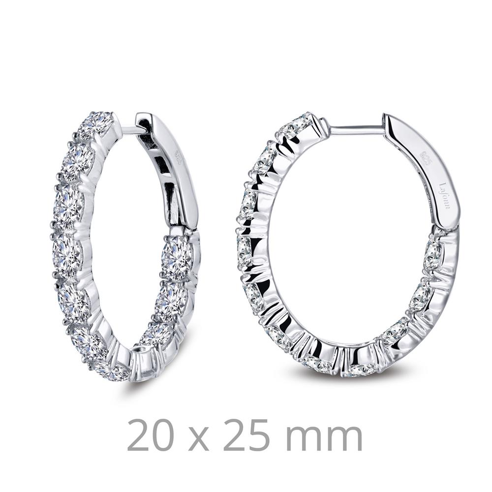 Introducing the 4.4cts Diamonds Oval Hoop Earrings by Lafonn – a stunning pair of sterling silver hoops adorned with round and baguette-cut simulated diamonds. These earrings feature a convenient hinge closure and are displayed from various angles, showcasing their elegance. The dimensions, "20 x 25 mm," are noted below the earrings for your reference.