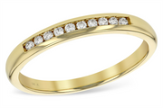 The Allison Kaufman Ladies Wedding Ring | 0.10 carats showcases a row of small, round-cut diamonds set in a channel along the top of its smooth, polished gold band. The inner side is inscribed with "14K." This elegant and minimalist ring highlights sparkling stones for added allure.