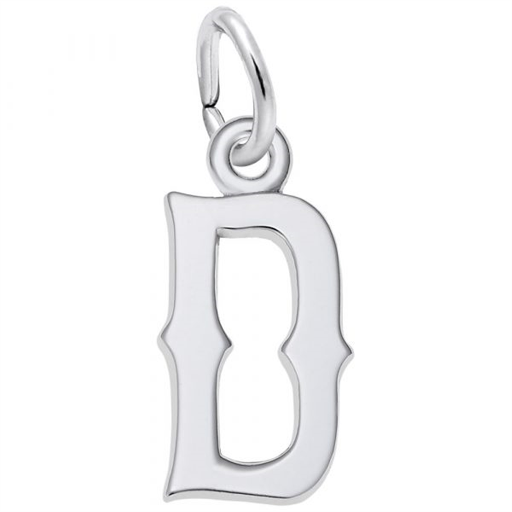 Rembrandt Charms presents the Blackletter Initial "D" in Sterling Silver Charm, a shiny and reflective piece that exudes classical sophistication with its elegant and slightly ornate design. The charm features a loop at the top for easy attachment.