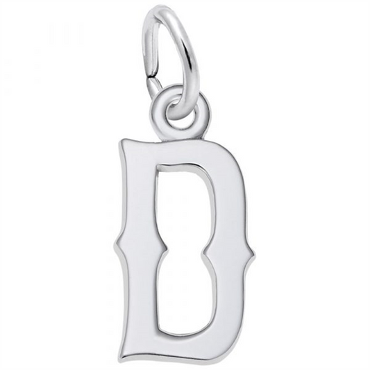 Rembrandt Charms presents the Blackletter Initial "D" in Sterling Silver Charm, a shiny and reflective piece that exudes classical sophistication with its elegant and slightly ornate design. The charm features a loop at the top for easy attachment.