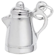 The Coffee Pot Charm in Sterling Silver by Rembrandt Charms showcases a detailed lid, spout, and handle. This exquisite piece features a small loop at the top, making it perfect for attaching to a bracelet or necklace.