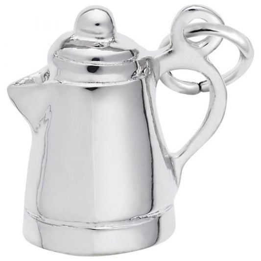 The Coffee Pot Charm in Sterling Silver by Rembrandt Charms showcases a detailed lid, spout, and handle. This exquisite piece features a small loop at the top, making it perfect for attaching to a bracelet or necklace.