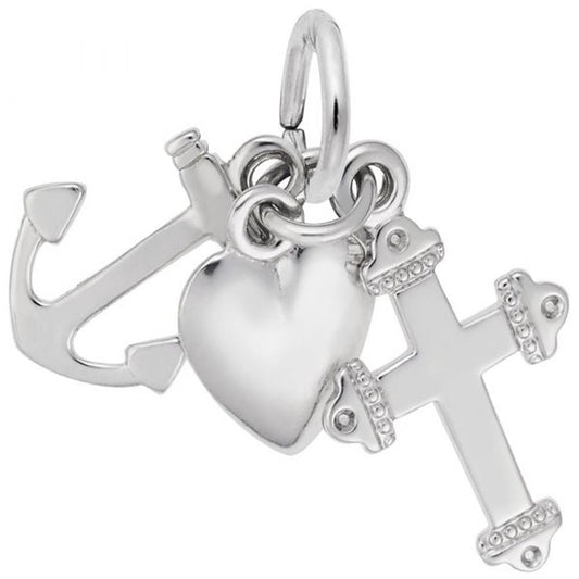 The Faith, Hope & Charity Charm by Rembrandt Charms is a sterling silver piece featuring an anchor, a heart, and a cross all hanging from a single ring. The anchor is positioned on the left, the heart in the center, and the cross on the right—each charm in this set is smoothly polished.