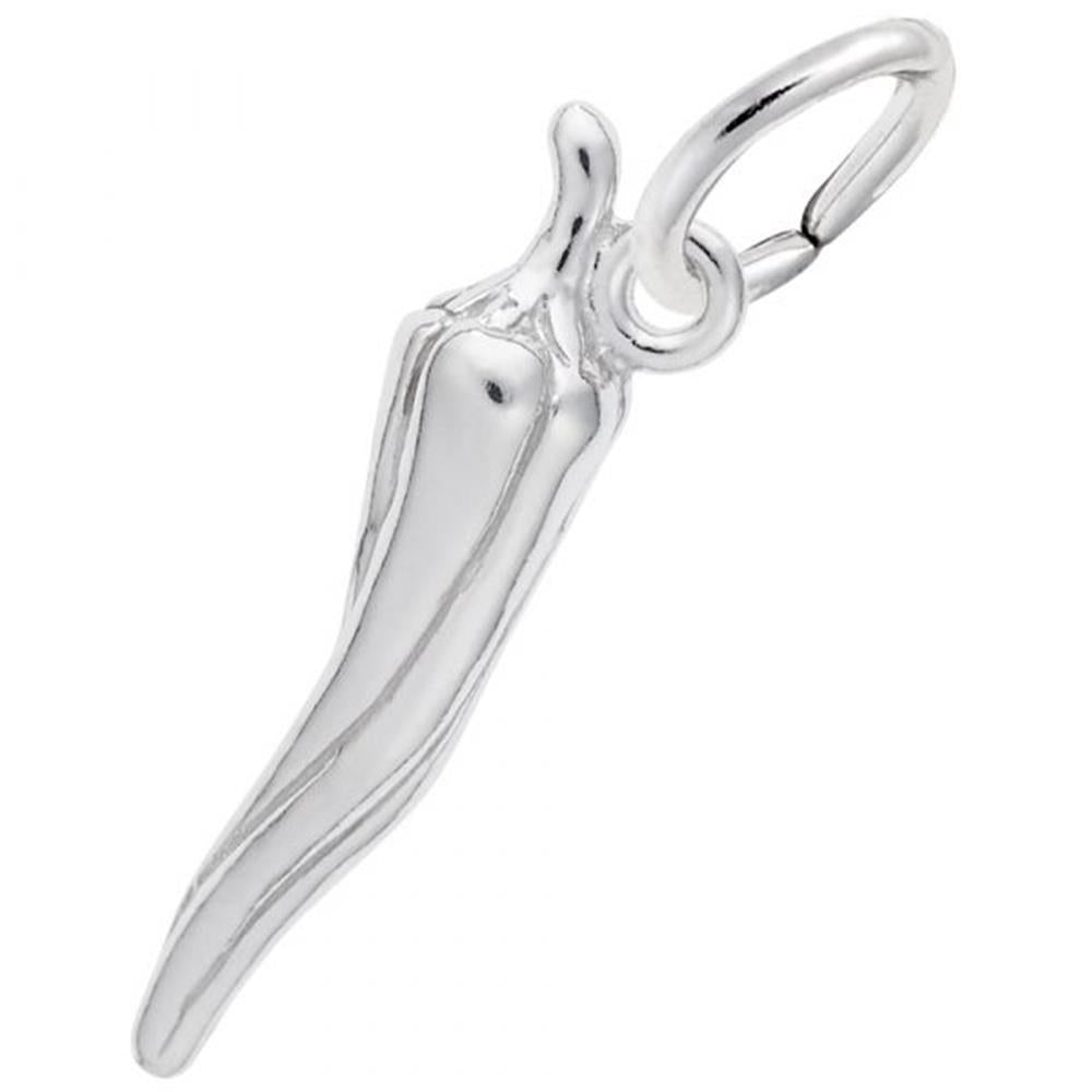 The Chili Pepper Charm by Rembrandt Charms is a sterling silver pendant with a smooth, polished surface. This charming piece features a small loop at the top for easy attachment to a chain or bracelet.