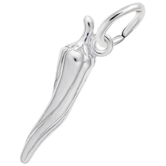 The Chili Pepper Charm by Rembrandt Charms is a sterling silver pendant with a smooth, polished surface. This charming piece features a small loop at the top for easy attachment to a chain or bracelet.