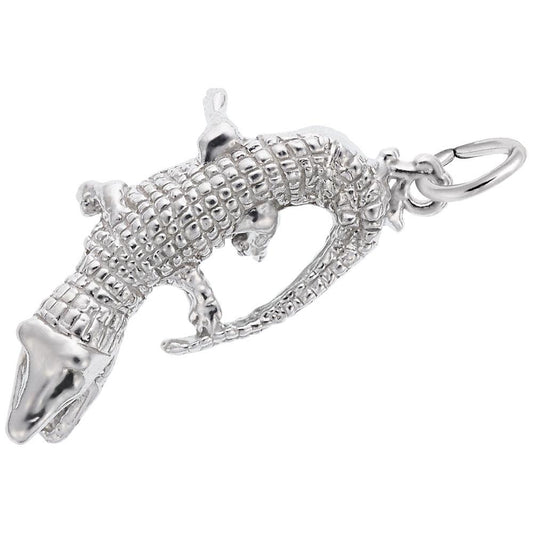 The Snapping Alligator Charm by Rembrandt Charms is a captivating sterling silver pendant with intricate detailing. The curved alligator design clearly showcases its scales and limbs, capturing an alligator-snapping charm essence. It features a loop at the top for easy attachment to chains or bracelets.