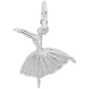 The image shows the Sterling Silver Ballet Dancer with Skirt Charm from Rembrandt Charms. The charm is crafted in sterling silver and features a detailed design of a ballet dancer in mid-pose, wearing a flowing skirt. It measures 0.8 inches by 0.88 inches (20.4 mm x 22.23 mm) and has the style number 0190. This charm is a perfect keepsake for dancers and ballet enthusiasts.