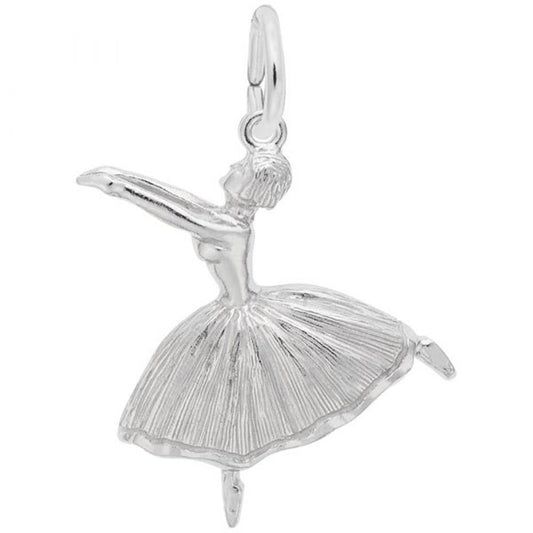 The image shows the Sterling Silver Ballet Dancer with Skirt Charm from Rembrandt Charms. The charm is crafted in sterling silver and features a detailed design of a ballet dancer in mid-pose, wearing a flowing skirt. It measures 0.8 inches by 0.88 inches (20.4 mm x 22.23 mm) and has the style number 0190. This charm is a perfect keepsake for dancers and ballet enthusiasts.