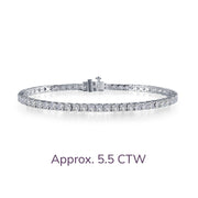 The Lafonn Classic Tennis Bracelet, shown on a white background, features a row of round diamonds set in white gold with a secure clasp. Below the bracelet, the text reads: "Approx. 5.5 CTW".