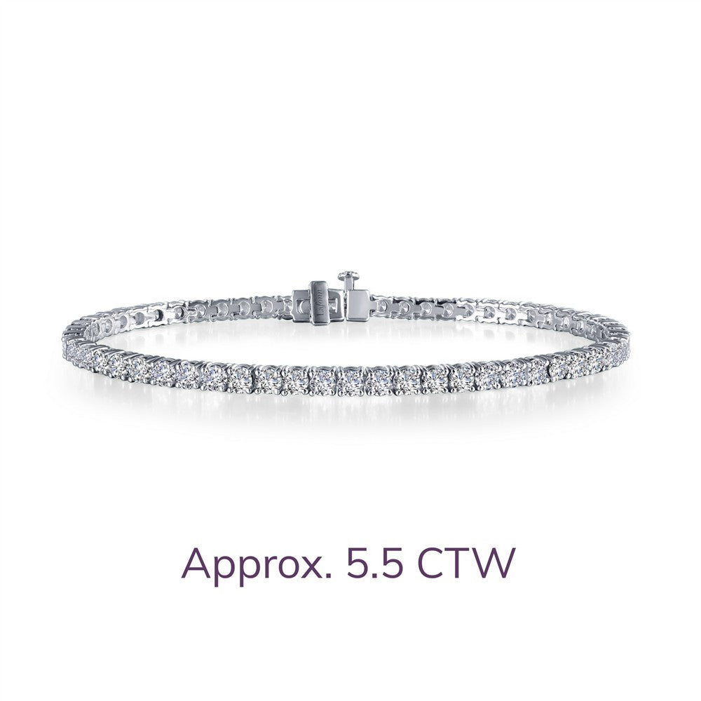 The Lafonn Classic Tennis Bracelet, shown on a white background, features a row of round diamonds set in white gold with a secure clasp. Below the bracelet, the text reads: "Approx. 5.5 CTW".