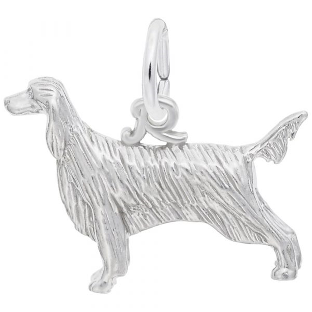 The Irish Setter Dog Charm by Rembrandt Charms, crafted from sterling silver and designed to resemble a long-haired breed like an Irish Setter, is displayed against a white background. The pendant includes a loop at the top for attaching to a chain or bracelet.