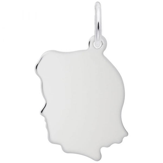 The Rembrandt Charms' Girl Head Flat Charm in sterling silver features a girl's side profile silhouette with smooth edges and a small loop at the top for easy attachment to a charm necklace.