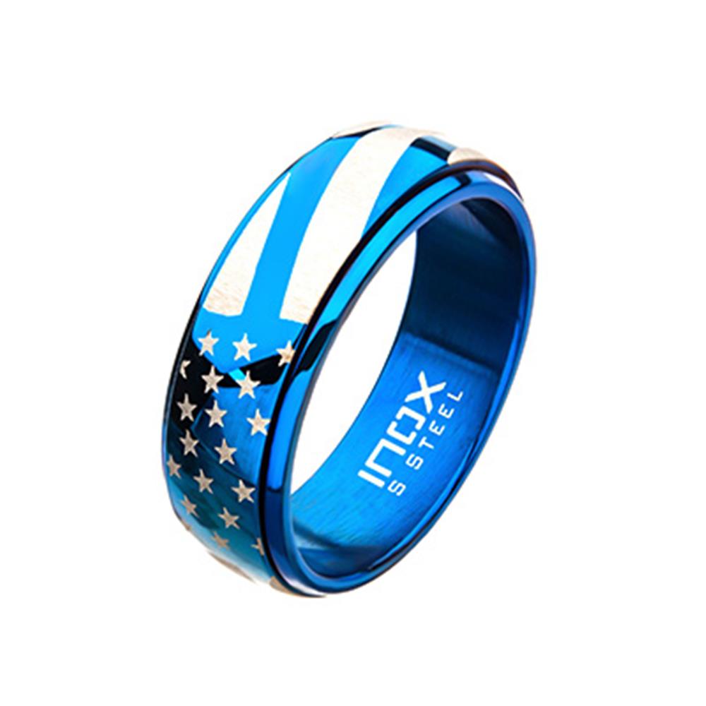 A white background showcases the Men's Stainless Steel American Flag Pride Blue Plated Spinner Ring by INOX. This blue stainless steel ring features a design of silver stars and stripes resembling the American flag. With "INOX S STEEL" engraved inside, this spinner ring is perfect for those showing American Flag Pride and is available in size 10.
