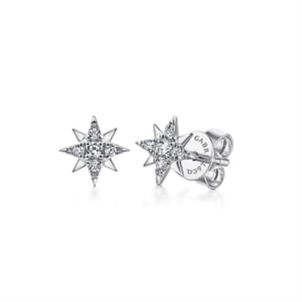 Gabriel & Co 14K diamond star studs (SN: S2079837) feature six-point designs with small gemstones, shown on a white background.