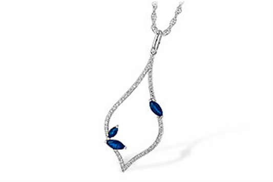 The Allison Kaufman Sapphire and Diamond 14k White Gold Necklace showcases a teardrop-shaped pendant adorned with three sapphire gemstones and small diamonds, showcasing an elegant and intricate design.