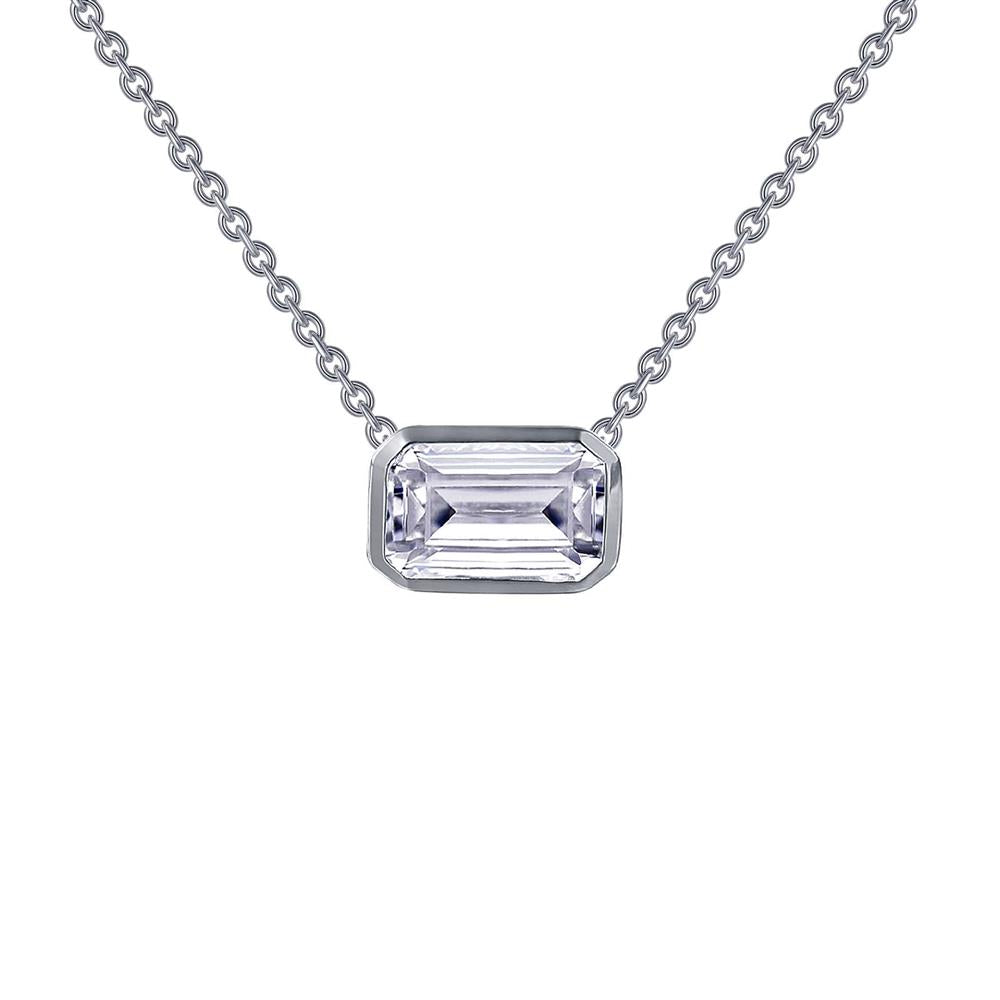 The Sterling Silver Emerald-Cut Choker Necklace by Lafonn features a rectangular-shaped, clear gemstone pendant set in a silver frame. The pendant is elegantly suspended from a simple sterling silver chain with small, uniform links. The minimalist design highlights the gemstone's facets beautifully.