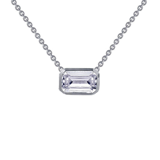 The Sterling Silver Emerald-Cut Choker Necklace by Lafonn features a rectangular-shaped, clear gemstone pendant set in a silver frame. The pendant is elegantly suspended from a simple sterling silver chain with small, uniform links. The minimalist design highlights the gemstone's facets beautifully.