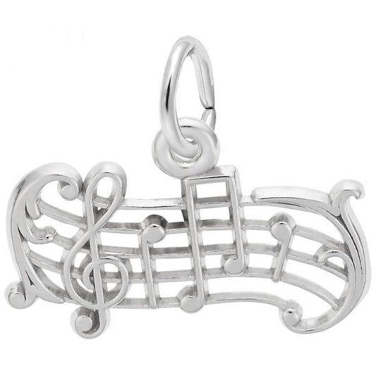 The Rembrandt Charms Music Staff Charm in sterling silver is intricately designed with a treble clef and several musical notes, featuring delicate curving details at the edges. It includes a small loop at the top for easy attachment to a chain.
