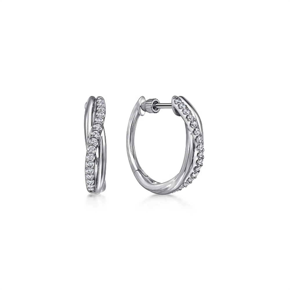 A pair of 925 Sterling Silver Twisted Huggie Earrings, measuring 15mm in diameter and adorned with sparkling white sapphires on one side. These earrings from Gabriel & Co feature a latch-back closure and are set against a white background.
