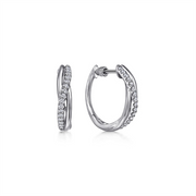 A pair of 925 Sterling Silver Twisted Huggie Earrings, measuring 15mm in diameter and adorned with sparkling white sapphires on one side. These earrings from Gabriel & Co feature a latch-back closure and are set against a white background.