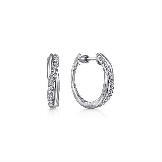 A pair of 925 Sterling Silver Twisted Huggie Earrings, measuring 15mm in diameter and adorned with sparkling white sapphires on one side. These earrings from Gabriel & Co feature a latch-back closure and are set against a white background.