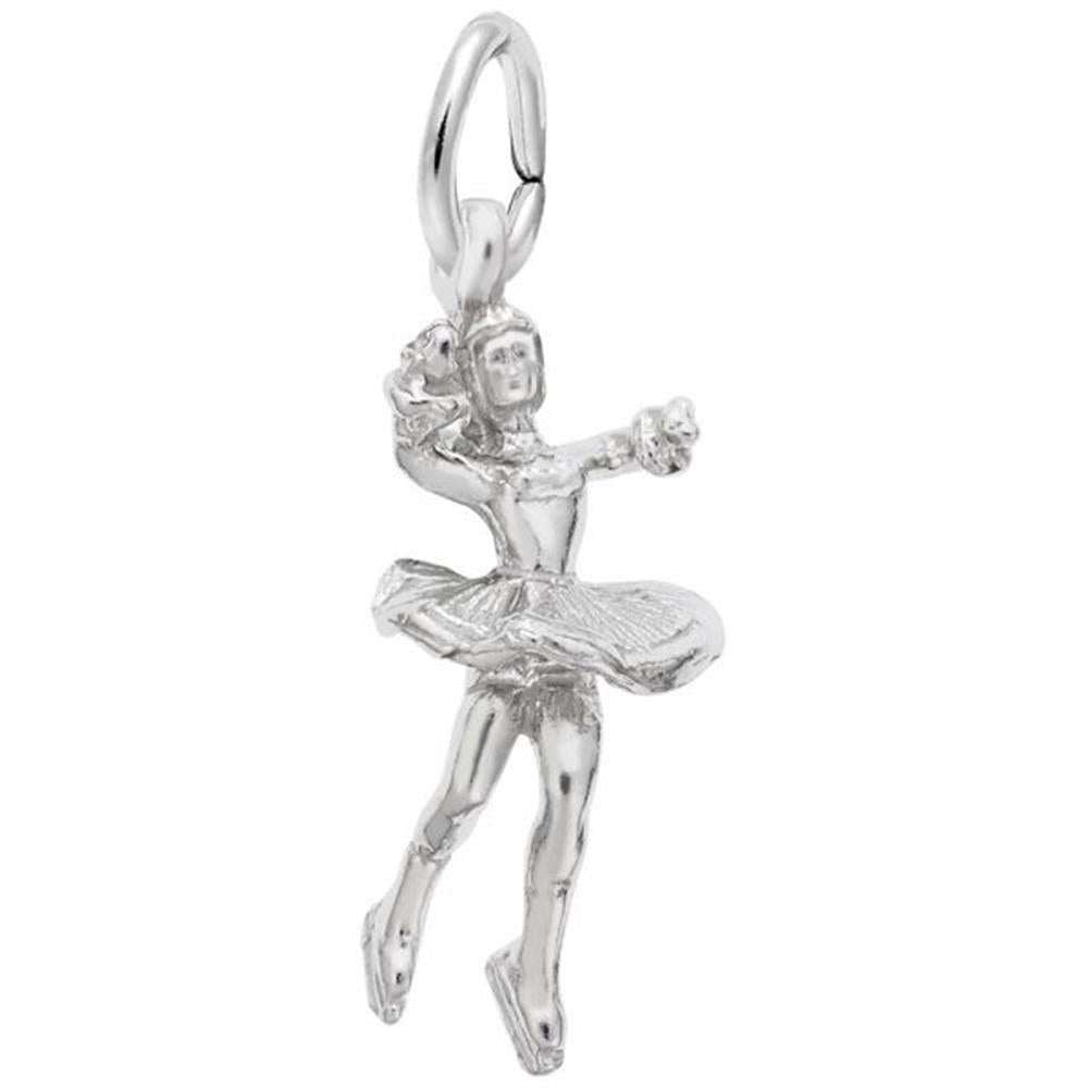 A detailed image of the Sterling Silver Twirling Ice Skater Charm by Rembrandt Charms. This charm features an intricately detailed figure skater in mid-twirl, measuring 0.32 inches by 0.67 inches (8.15 mm by 16.92 mm). The charm has a polished sterling silver finish, perfect for adding a touch of elegance and athleticism to any charm bracelet or necklace. Style number 0607.