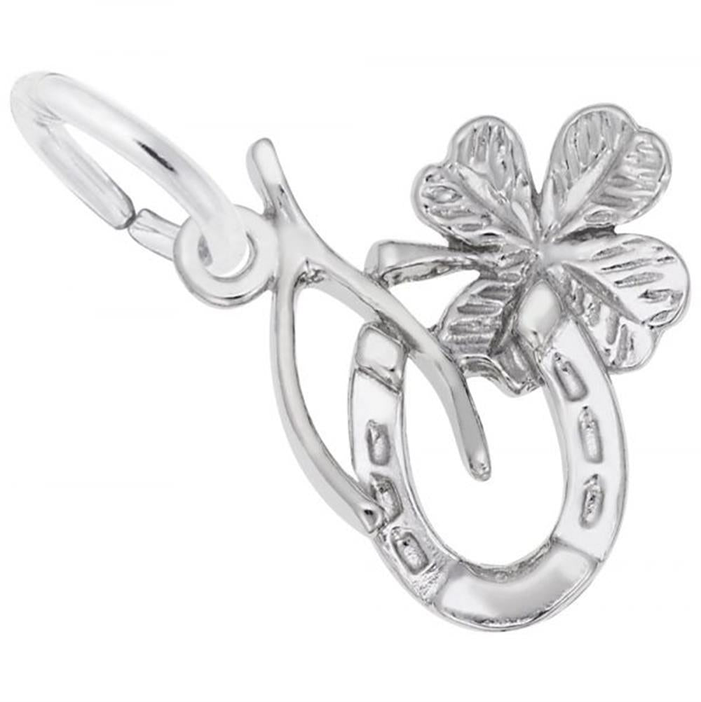 The Symbols Of Luck Charm from Rembrandt Charms is crafted in sterling silver and features a horseshoe with an attached four-leaf clover. This charm includes a loop at the top for easy hanging and symbolizes good luck with its shiny, polished finish.