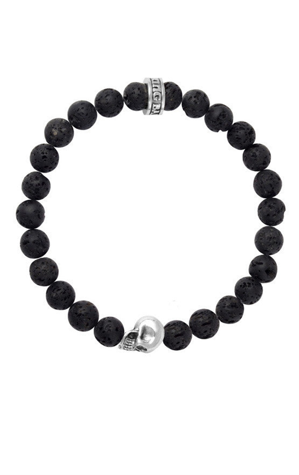 The King Baby 8mm Black Lava Rock Bracelet features black lava beads with a contrasting silver skull bead and an engraved silver band, creating a bold, edgy look.