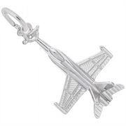 The Rembrandt Charms Fighter Jet Charm in sterling silver showcases detailed wings, a streamlined fuselage, and a loop at the top for attaching to a bracelet or necklace. The design captures the sleek and intricate structure of a fighter jet.